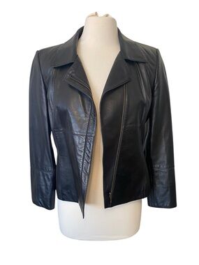 Talbots Vintage Y2K Black Leather Moto Jacket Cropped Petite 6